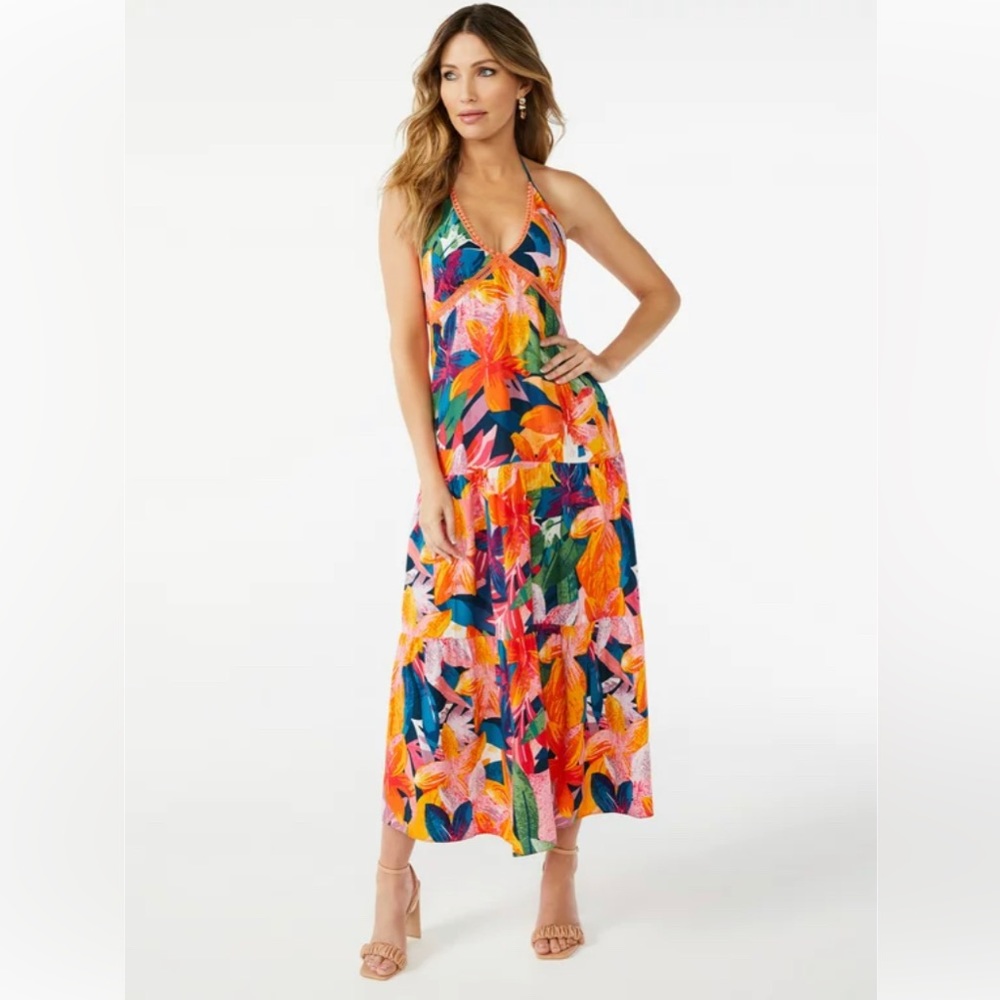 NWT Vibrant Halter Plunge Neck Maxi Dress sz Small Sofia Vergara